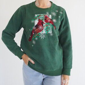 Vintage Collections Etc Green Cardinal Pine Snowflake Holiday Winter Sweater M